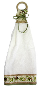 Hand - face towel with wooden ring (olives 2005. white Ã— beige)